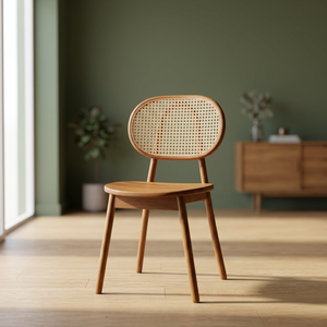 Silla de Bistró Contemporánea de Madera de Teca Estilo Japandi con Panel de Malla de Mimbre Natural - Product Image 3