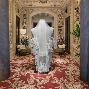 Velo da Sposa Corto a 2 Strati Avorio/Bianco 2024 con Bordo Applicato, 100% Poliestere, 60/85cm - Product Image 3