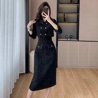 Ensemble élégant en tweed pour femme, 2 pièces : blazer court à col et robe moulante mi-longue sans manches, tenue de bureau automne-hiver