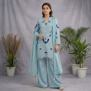 Ensemble indien pakistanais bleu clair brodé, tenue Sharara en maille perlée avec dupatta pour fête et mariage - Product Image 1