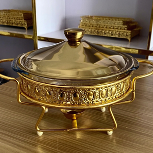 Chauffe-plat rond en verre doré pour buffet, alimenté à l'alcool, idéal pour mariages, banquets, fêtes à domicile et traiteur - Product Image 6