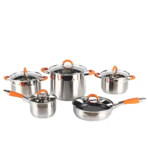 Silver With Orange Handles 10-Piece Stainless Steel Cookware Set