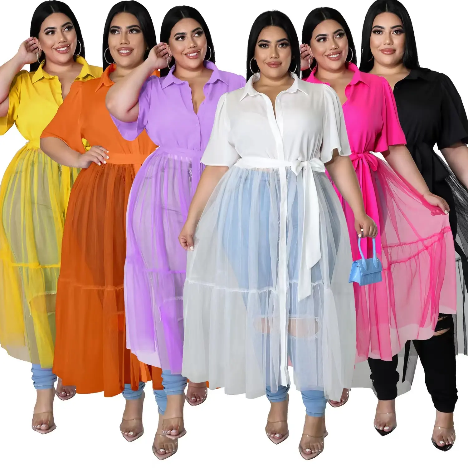 Summer Wholesale Chiffon Short Sleeve Shirts Womens Dresses New Fashion Plus Size Casual Dresses