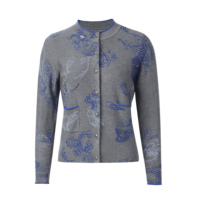 Designer-Cardigan mit Kontrastbesatz für Damen Grauer Paisley-Jacquard-Strickpullover Elegante Bürokleidung Strickjacke