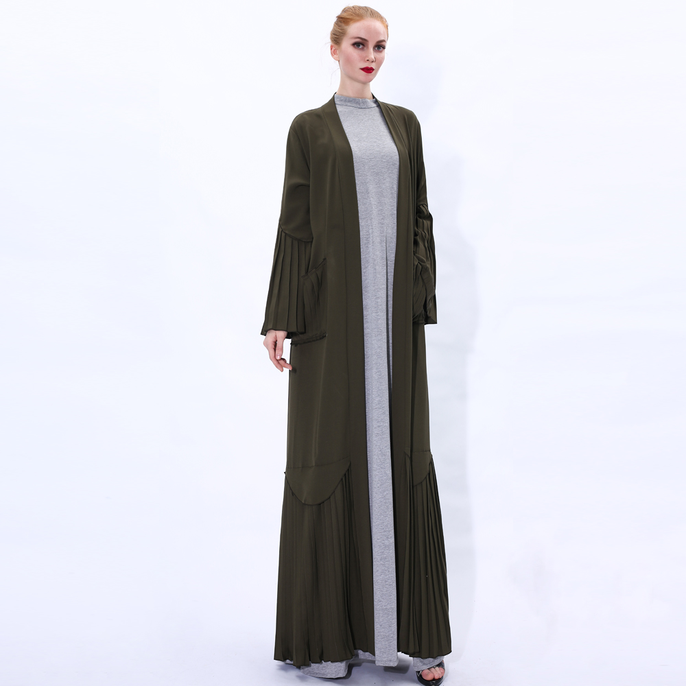 Muslim Women Abaya Dress Long Sleeve Robe Cardigan with belt Design Trumpet pleated Sleeve Lady Long Sleeve Maxi Dress 91225