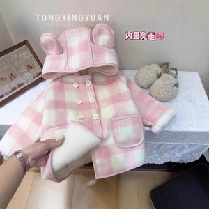 Child Star Circle Girls Plaid <b>Coat</b> Thickened Fleece <b>Lined</b> Winter Outerwear With Hood And Pockets For Kids - Product Image 4