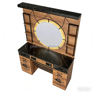 Station de coiffure avec miroir pour salon de barbier, coiffeuse avec rangement, dessus en marbre, tiroirs et éclairage pour salon de beauté - Product Image 3
