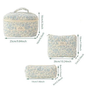 Sac cosmétique portable en coton matelassé à fleurs de grande capacité Sac de rangement portable à fermeture éclair écologique pour le voyage - Product Image 3