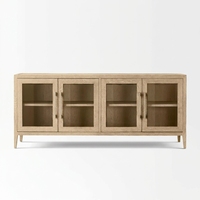 Buffet contemporain en verre français avec armoire à 4 portes en chêne massif, meuble de salle à manger