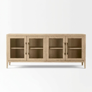 Buffet contemporain en verre français avec armoire à 4 portes en chêne massif, meuble de salle à manger - Product Image 1