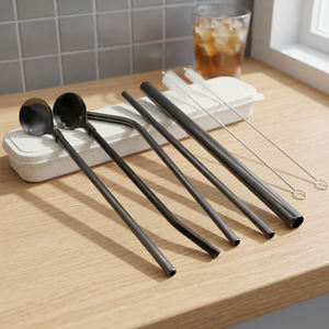 Reusable Metal <b>Drinking</b> <b>Straws</b> Set with Spoon and Cleaning Brush 4-Pack Minimalist Cocktail Bar Accessories - Product Image 5
