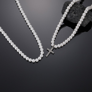 Vendite dirette della fabbrica Hip Hop collana di <span class=keywords><strong>perle</strong></span> bianche Xxx 6MM 8MM 10MM collana europea <span class=keywords><strong>con</strong></span> ciondolo a croce per uomo - Product Image 4