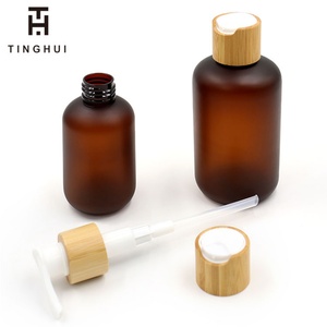 Bouteilles en plastique PET ambrées givrées de 100 ml, 200 ml, 300 ml, 400 ml, 500 ml avec couvercle en bambou, bouteilles de shampoing en bambou - Product Image 5