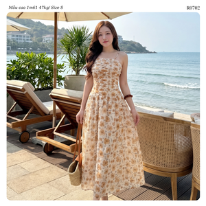 Robe longue décontractée d'été pour femme en mousseline florale, avec corsage froncé, col carré, coupe trapèze, bretelles spaghetti, fluide, style resort OEM ODM - Product Image 5