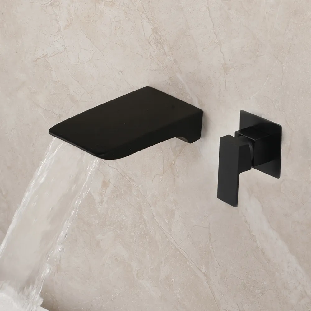 Copper Matte Black Bathroom Water Basin Sink Mixer Tap Bathtub Faucet Soild Brass Bathtub Faucet Waterfall Wall Mount
