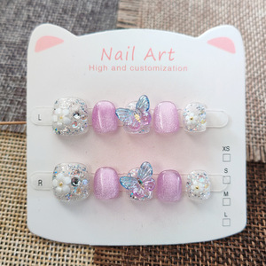 Uñas Postizas Cortas Cuadradas para Niñas, Color Rosa Brillante, con Lazo Blanco 3D, Reutilizables, Regalo para Niñas - Product Image 5