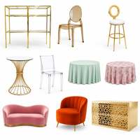 Ensemble de mobilier de luxe pour événements de mariage, solution de location tout-en-un pour fêtes, table de banquet, chaise transparente en PC, canapé, comptoir de bar, commande en gros