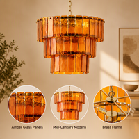 JYLIGHTING Lustre élégant à trois niveaux en verre ambré texturé, finition martelée, chaîne dorée, lumière chaude, luminaire suspendu pour salle à manger