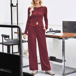Nouveautés Channel Automne 2025 – Ensemble 2 pièces décontracté pour femme : Haut côtelé à manches longues boutonné et pantalon large, écoresponsable - Product Image 3