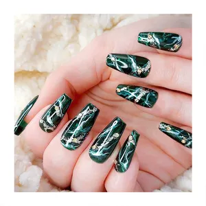 럭셔리 파티 숙녀 예술 인공 손톱 꿈 녹색 페인트 광택 줄무늬 프레스 손톱 용품 사용자 정의 ODM 가짜 손톱