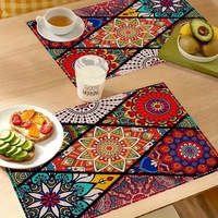 Ensemble de 4 sets de table en polyester, motifs géométriques à carreaux imprimés, sets de table en lin, lavables, résistants à la chaleur, tissu technique