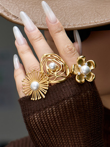 Ladies' Stainless Steel Gold-Plated Sunflower <b>Open</b> <b>Ring</b> With Shell Pearl Simple & Exquisite European-American Style - Product Image 5