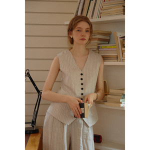 Pantalones de <span class=keywords><strong>Lino</strong></span> de Corte Bootcut, Estilo Vintage <span class=keywords><strong>Francés</strong></span>, Color Beige, con Rayas Verticales, Transpirables, para Verano - Product Image 3