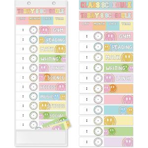 Tabla de horarios diarios con diseño de cara sonriente en colores pastel, 13 x 35.5 pulgadas, tablero visual con brillantina para la gestión del tiempo, regreso a clases - Product Image 1