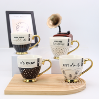 Tasse à café en céramique de luxe avec anse dorée, citation inspirante, motif géométrique noir et blanc, tasse à thé sur pied en porcelaine, cadeau