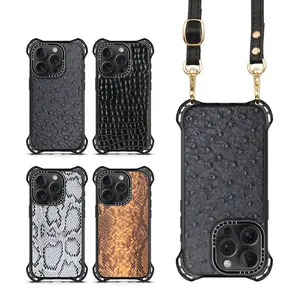 Étui pour téléphone portable en cuir PU, 4 coins ultra rebonds, anti-choc, avec bandoulière, personnalisé pour iPhone 16 15 14 13 Pro Max