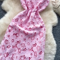 Robe longue décontractée rose élégante en dentelle pour femme, coupe trapèze, col Peter Pan, manches courtes, ajourée, motif floral, pour les fêtes et le quotidien