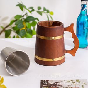 Wooden Beer <b>Mug</b> Stainless Steel Inner <b>Large</b> Capacity For Beer Party Use - Product Image 3