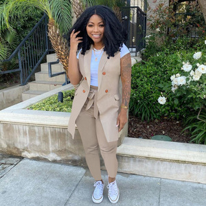 Conjunto de Dos Piezas para <span class=keywords><strong>Mujer</strong></span> de Oficina, <span class=keywords><strong>Blazer</strong></span> sin Mangas, <span class=keywords><strong>Chaleco</strong></span> Sólido con Pantalones con Cordones, Vestidos Elegantes Casuales para el Trabajo - Product Image 5