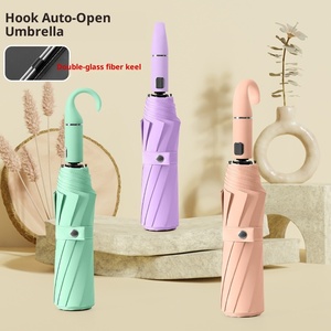 10-Rib Fully <b>Automatic</b> One-Button Open Close Hook <b>Umbrella</b> 190T Nylon 105cm Black Coating UV Protection Printed Business Gift - Product Image 1
