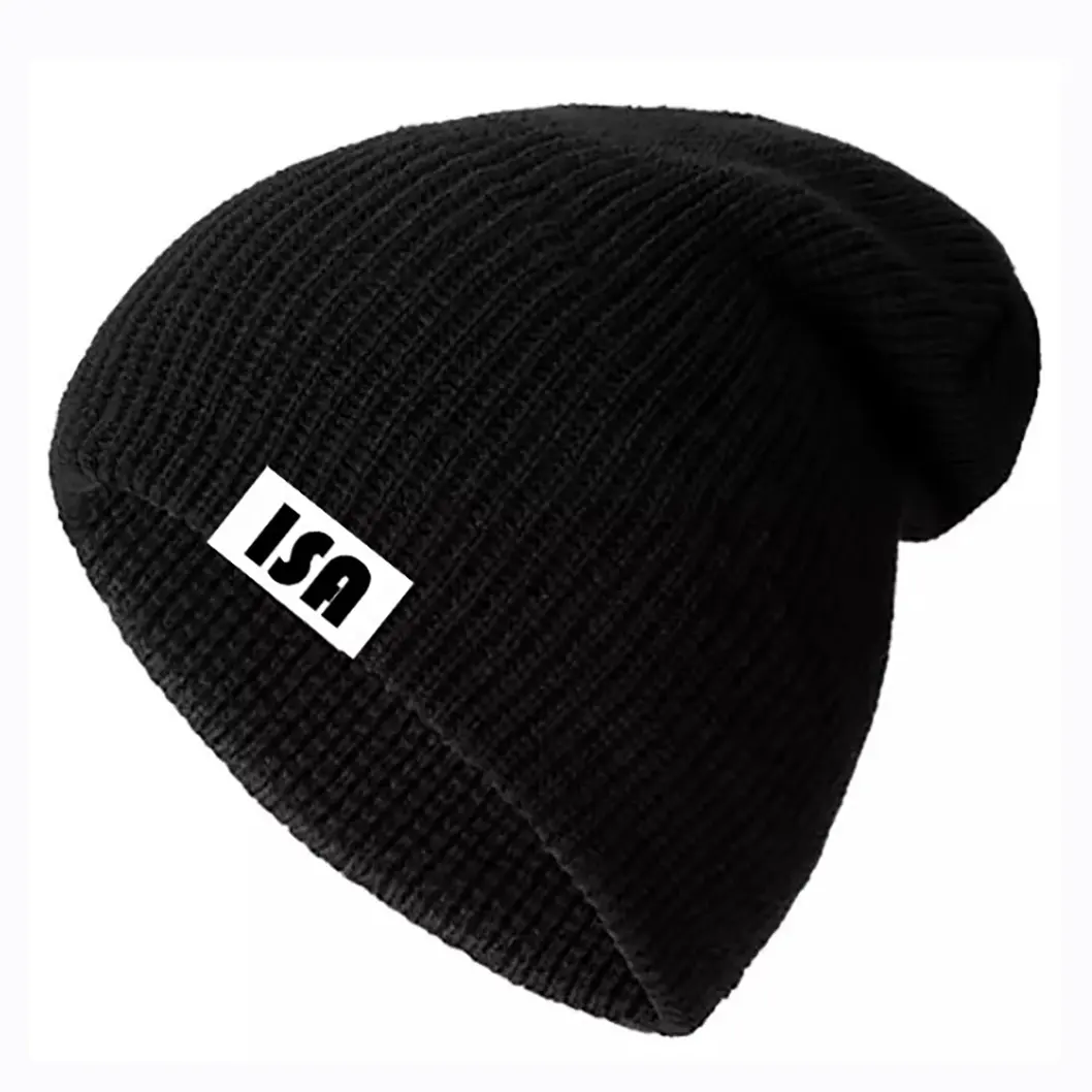 Nero di qualità superiore per bambini adulto personalizzato etichetta bianca elastico invernale lavorato a maglia ricamo Patch cappellini cappelli berretti a cuffia