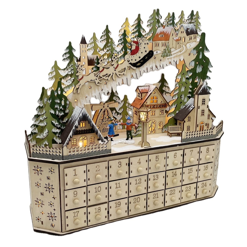 Wooden Painted LED Light up Christmas Village Scene with Music Eco-friendly Customized Logo for Christmas Decoration