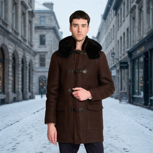 Manteau d'hiver en laine marron pour homme avec col en fausse fourrure, col rabattable, coupe-vent, style décontracté, coupe régulière - Product Image 3