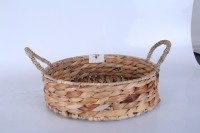 Plateau de rangement rond peu profond en jacinthe d'eau naturelle fait main avec poignées pour fruits, pain, cuisine, table, organisateur de maison