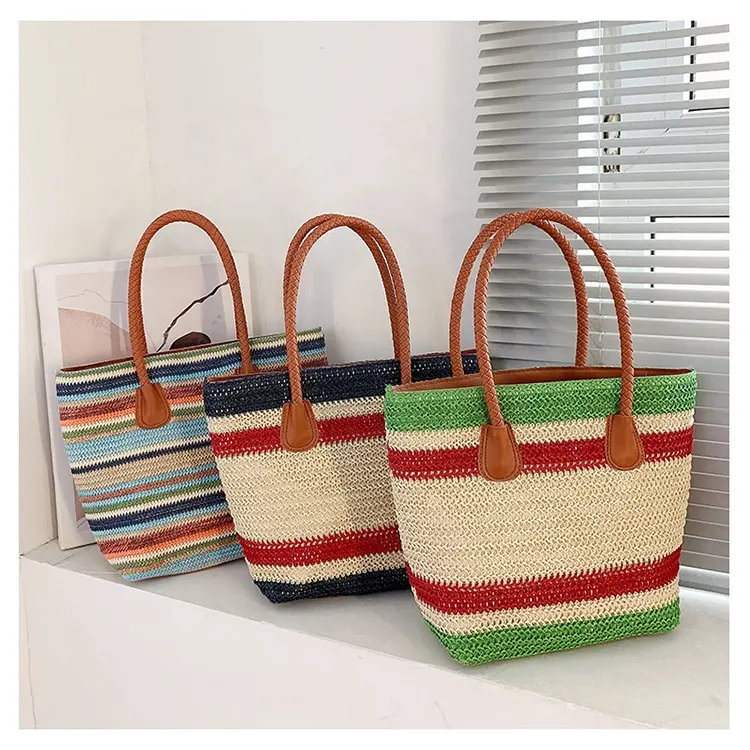 FSP112 New Arrival Stripe Crochet Hook Handbags Summer Straw Woven Beach Bags Messenger Bags low price womens handbag
