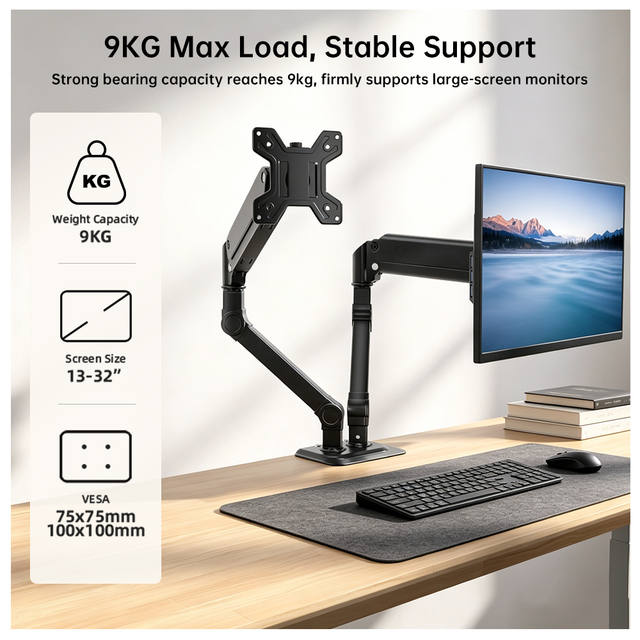 Dual Monitor Arm Stand 13" 32" 9kg Load Capacity Gas Spring Desk Mount VESA 75/100mm Alloy Steel Customizable Office&Home Stock