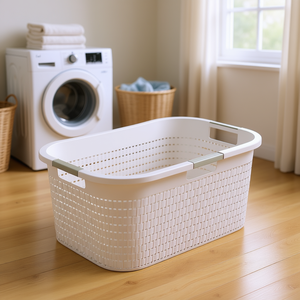 <b>Laundry</b> Basket Country White Woven Design With Handles For Storage And Organization - Product Image 3