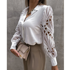 Camicie e Top da Donna Nuova Moda Europea <span class=keywords><strong>con</strong></span> Bottoni, <span class=keywords><strong>Pizzo</strong></span> Traforato, Patchwork, Maniche Lunghe, Tinta Unita, Blusa Casual da Donna - Product Image 4