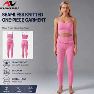 Completo Yoga Donna a Costine Senza Cuciture 2 Pezzi <span class=keywords><strong>Rosa</strong></span>: Top <span class=keywords><strong>Sportivo</strong></span> e Leggings a Vita Alta con Volant - Abbigliamento <span class=keywords><strong>Sportivo</strong></span> da Palestra - Product Image 1