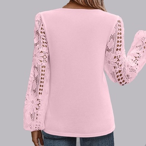 Camisa Holgada de Manga Larga con Paneles de Encaje y Escote Asimétrico para Mujer, Top de Moda - Product Image 5