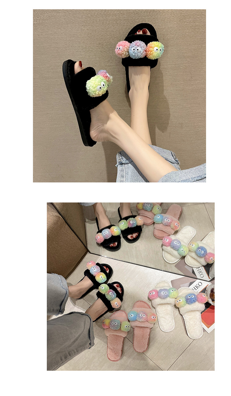 Fashion Cartoon Cute Fluffy Slippers for Women Casual Flat Wool Ball Cotton Slippers