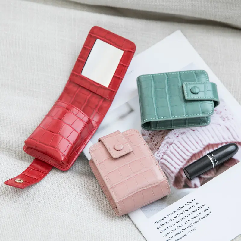 Good quality Crocodile Leather Portable Mini lipstick pouch holder with mirror makeup bag Storage lipstick bag cases