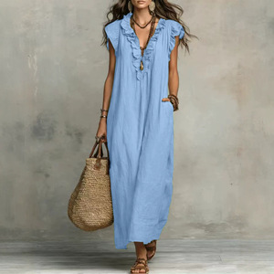 Vestido Largo Vintage al por Mayor con Volantes, Cuello en V, Sin Mangas, Transpirable, con Bolsillos, Casual, para Playa, Banquete, Ropa de Calle, Elegante, para <span class=keywords><strong>Mujer</strong></span> - Product Image 1