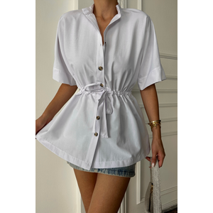 เสื้อเชิ้ตผ้าป๊อปลินผู้หญิงสีขาว แต่งระบายช่วงเอว - Product Image 3