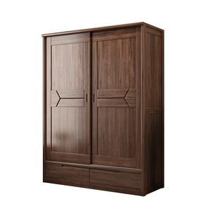 Walnut Solid Wood <b>Wardrobe</b> Sliding Door <b>Large</b> Capacity Storage Bedroom Furniture - Product Image 3
