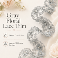 Ruban de dentelle florale grise de 7 cm/2,76 po de large avec fleurs 3D et perles pour couture, robe de mariée, artisanat DIY, décoration, 100 % polyester